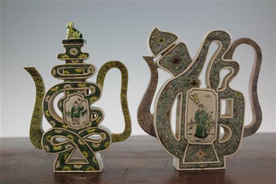 Two Chinese famille verte glazed biscuit character wine pots, early 20th century, 22.5cm.